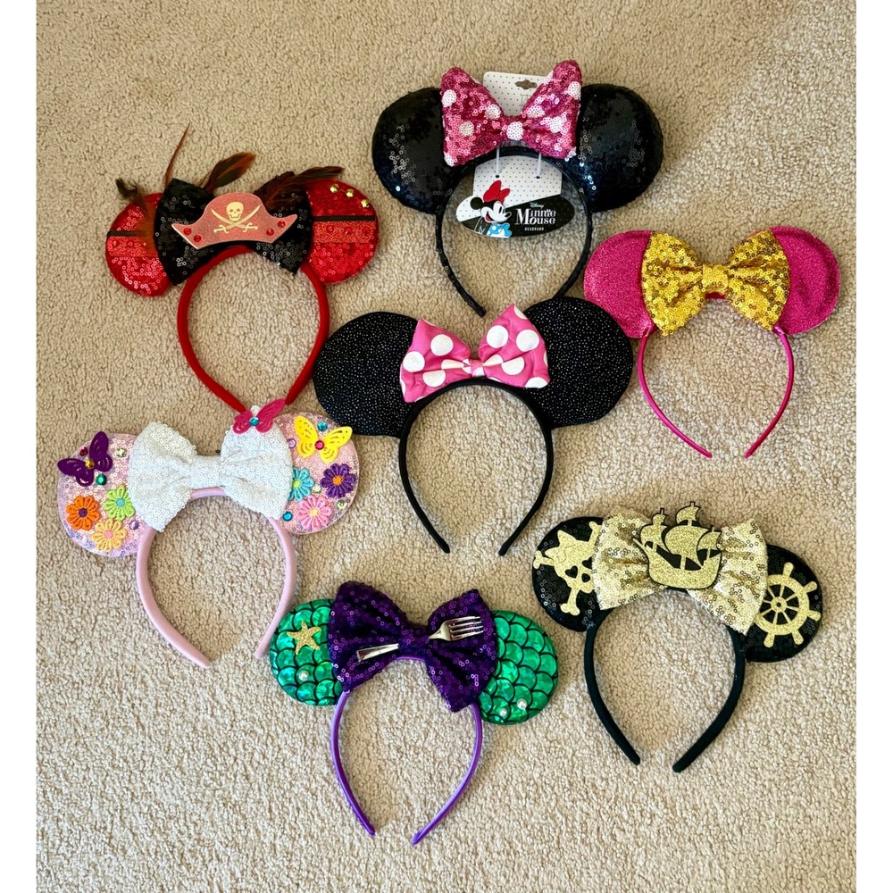 Disney Minnie Mouse Headbands Lot 7 Sequin Mermaid Pirate Floral Polka Dot Bow